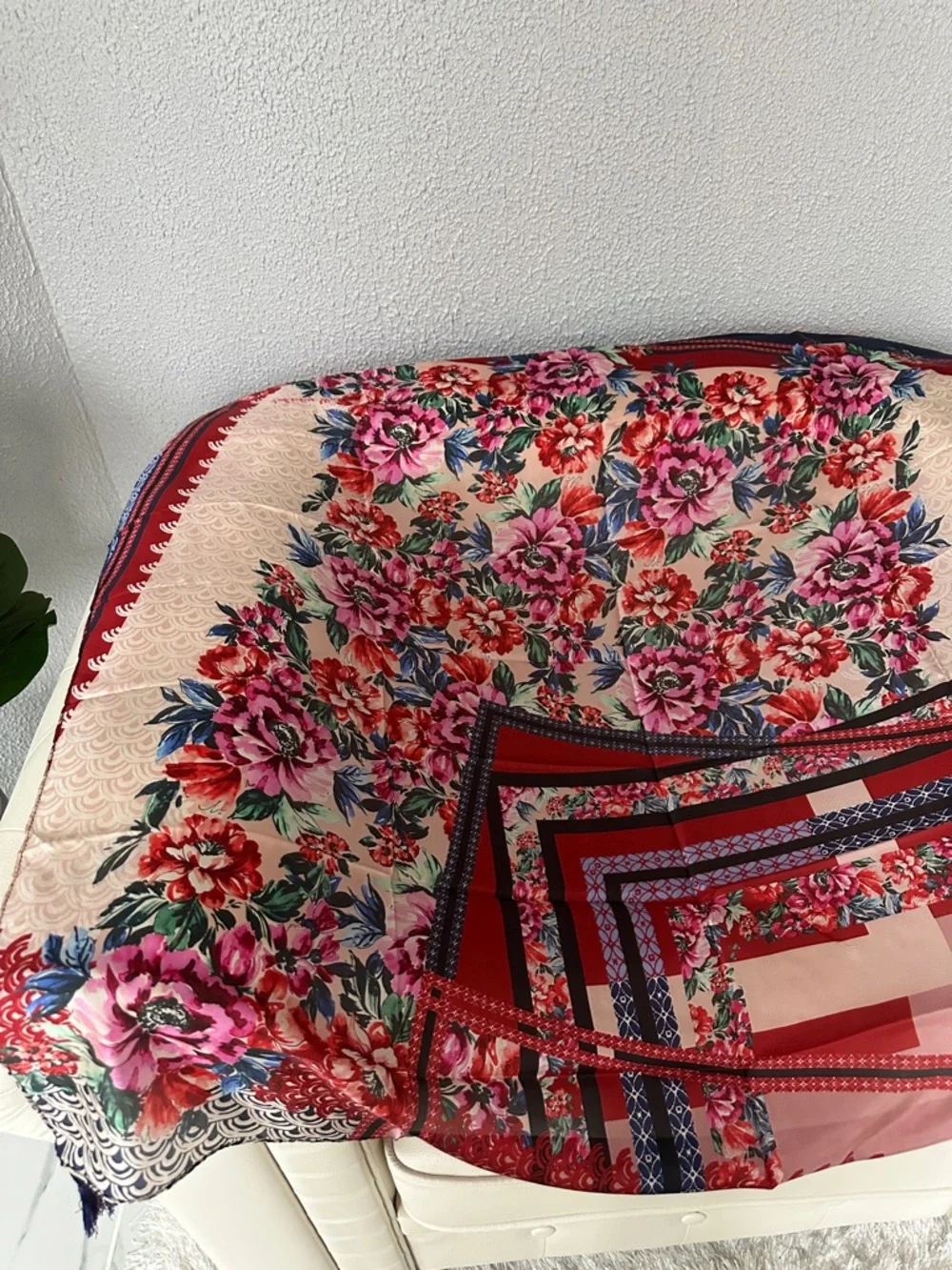 Johnny Was Pink Red Floral Silk Scarf